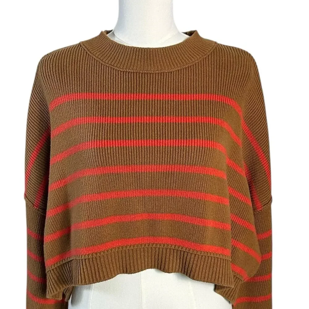 Free People Easy Street Stripe Crop Pullover Sweater Brown Orange Medium